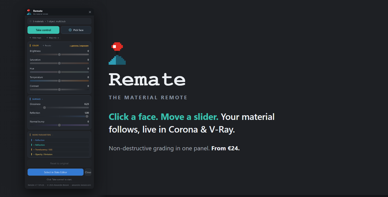 Remate 1.1, the material remote - le panneau dans 3ds Max, Corona et V-Ray