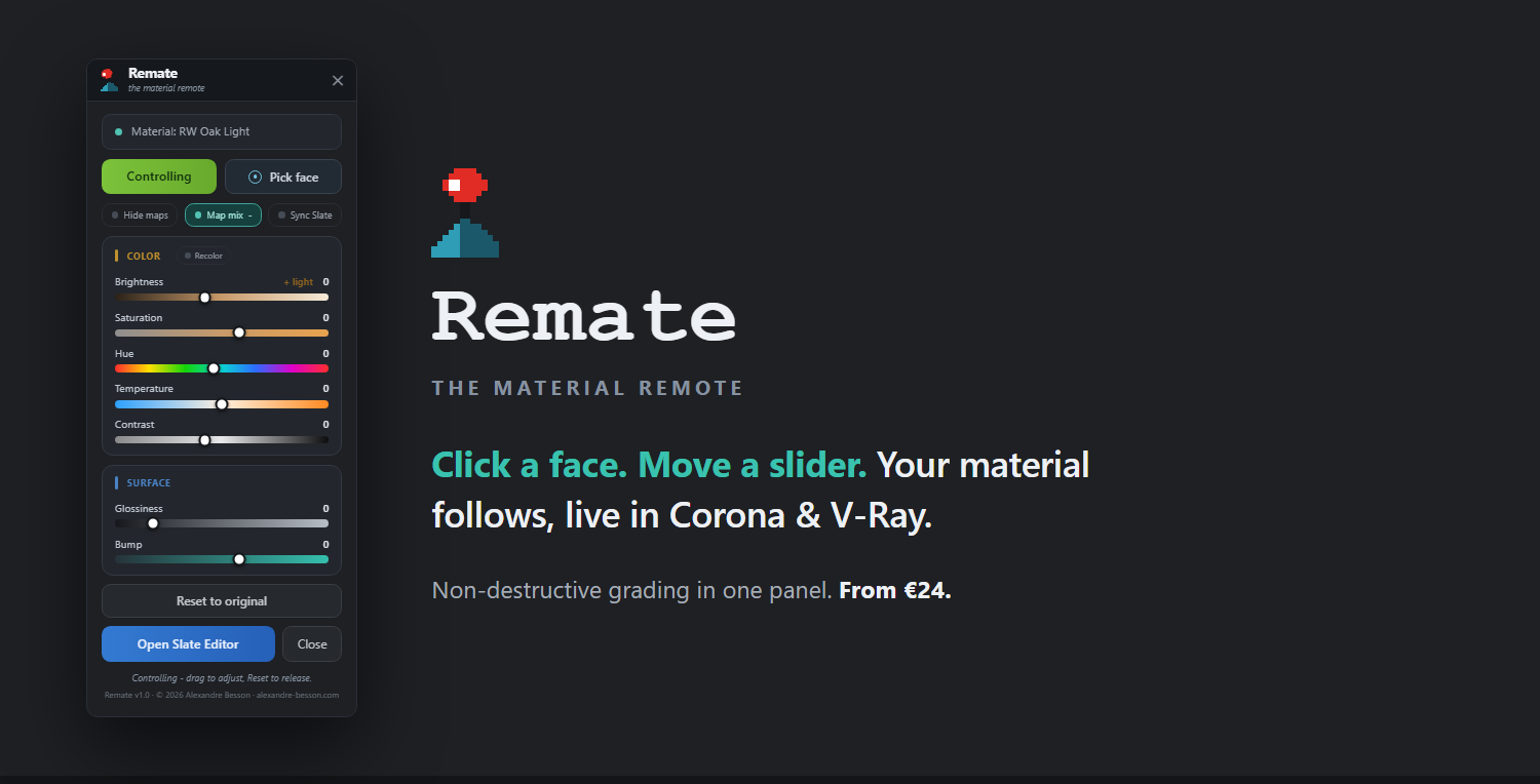 Remate, the material remote - panneau dans 3ds Max, Corona et V-Ray