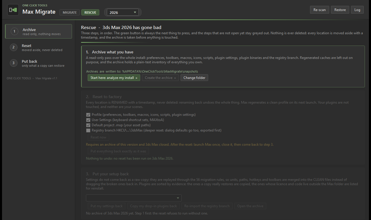 Panneau Sauvetage de Max Migrate : trois etapes guidees, archive, remise a zero, remise en place